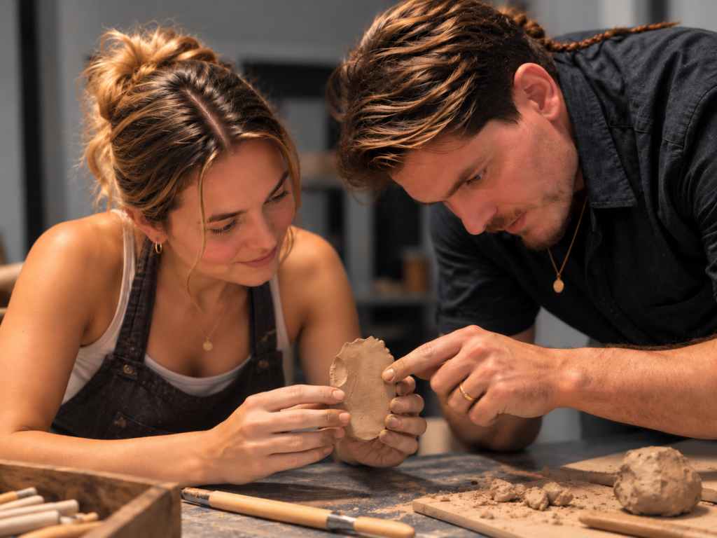 Guest creating a clay face during a hands-on sculpture workshop in Athens