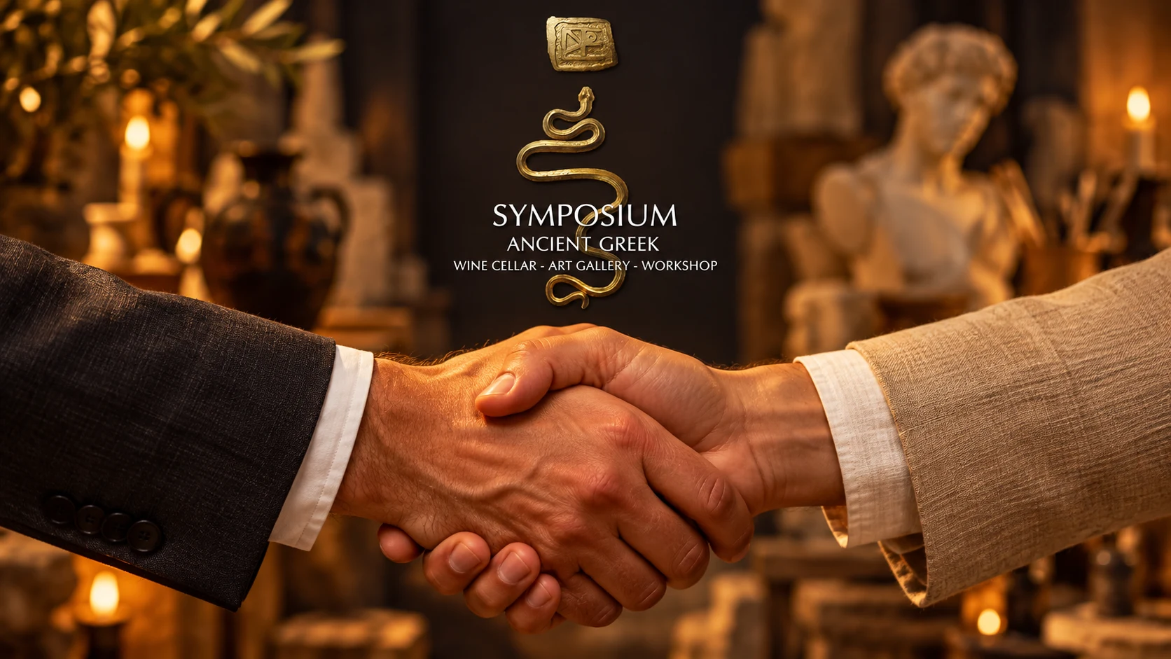 Ancient Symposium franchise partnership — handshake and brand logo